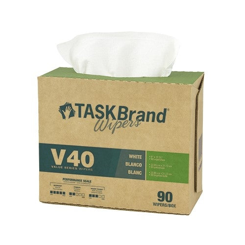 Hospeco Taskbrand V40 Wipers Dispenser Interfold, White, 9" x 12.25" 9 / 90 cs — manufacturer reference photo; confirm listed selling unit