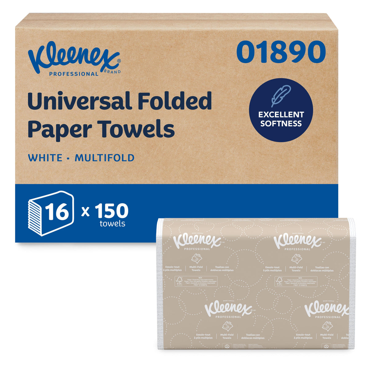 Kimberly Clark Kleenex Multi-Fold Towels White 9.2" x 9.4" 16 / 150 cs; current official Kimberly-Clark manufacturer photo, code 01890. Branding and packaging may vary. Contents or accessories shown are included only as specified in the listing.