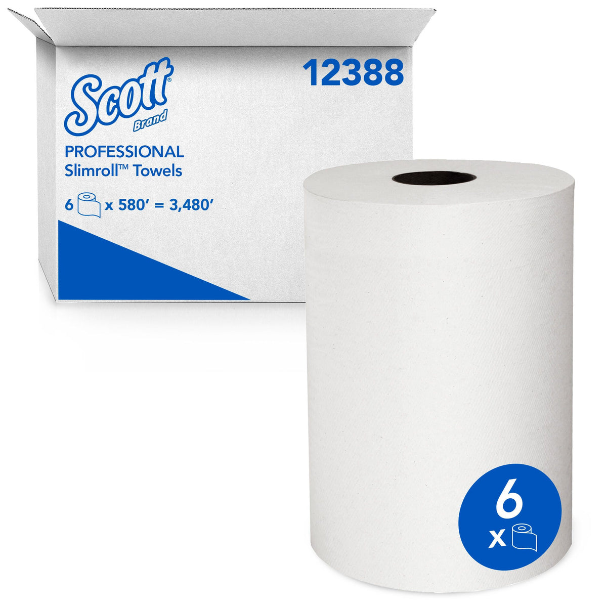 Kimberly Clark SCOTT SLIMROLL Hardwound Roll Towel White 8" x 580' 6 / cs; current official Kimberly-Clark manufacturer photo, code 12388. Branding and packaging may vary. Contents or accessories shown are included only as specified in the listing.