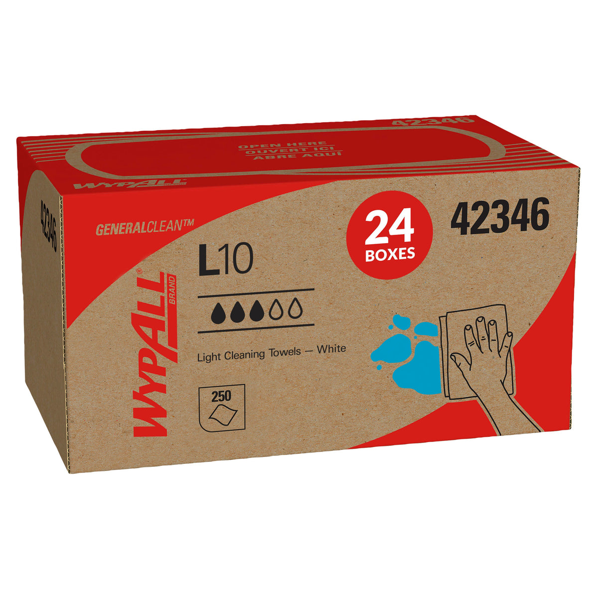 Kimberly Clark WYPALL L10 Lightweight Utility Wipe White, 9" x 10.25", Pop-Up Box 24 / 250 cs; current official Kimberly-Clark manufacturer photo, code 42346. Branding and packaging may vary. Contents or accessories shown are included only as specified in the listing.