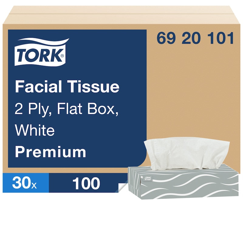 Essity Tork Advanced Facial Tissue White, 8.2" X 7.9", 2-Ply, Flat Box 30 / 100 cs — Representative Tork product-type photo. The pictured model, dimensions, color, packaging and quantity may differ; use the specifications in this listing for the supplied product. Accessories and contents shown for context are not included.