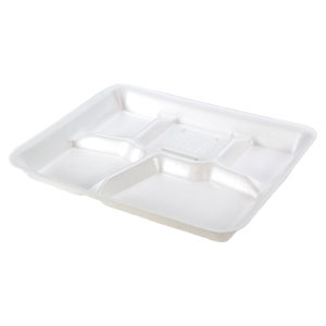 Genpak 5 Compartment Serving tray 10-3/8"x8-3/8x1-3/16 White Foam 4 / 125 cs; Representative Genpak photo of the same product type. Size, color, design, compartments, accessories and pack quantity shown may differ; this listing's specifications apply.