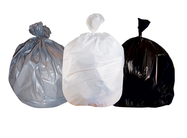 Heritage trash-can liner family reference photo showing gray, translucent white and black bags; supplied color, material, size and quantity are in the listing.