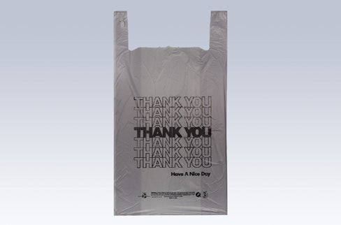 IBS Thank You T-Shirt Bag 18x8x32 17mic 450. Manufacturer photo for the listed Inteplast stock T-shirt bag. Printing layout and packaging may vary.