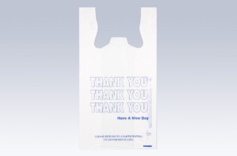 IBS 11.5" x 6.5" x 22" T-Shirt Bag 13 Mic "Thank You" White 1000 / cs. Manufacturer photo for the listed Inteplast stock T-shirt bag. Printing layout and packaging may vary.