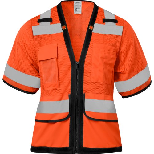 ORANGE MESH, WOMENS FIT, SHORT SLEEVE, SAFETY VEST, 12 POCKETS, CLEAR ID HOLDER, X BACK PATTERN