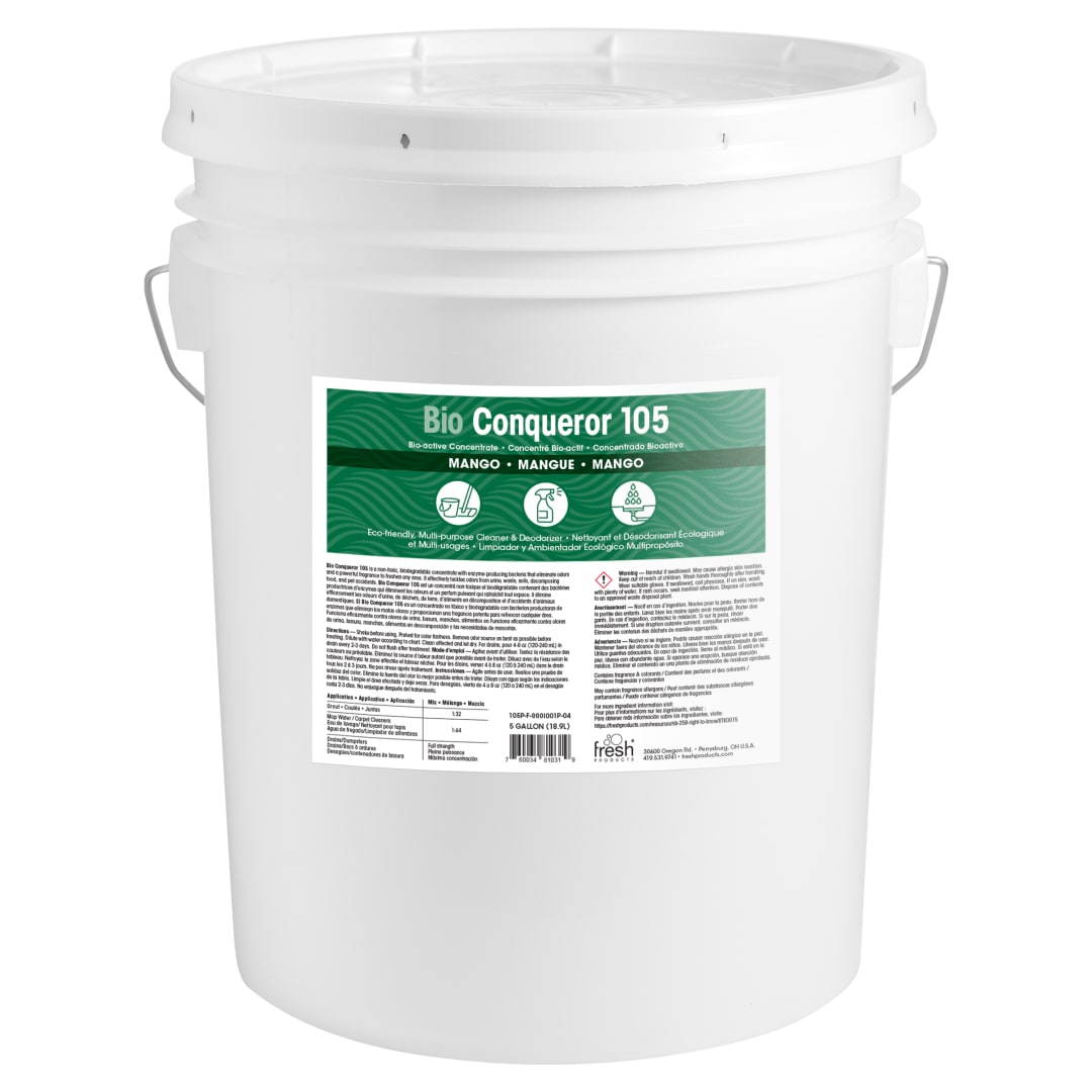 Manufacturer photo for 105P-F-000I001P-04: Bio Conqueror 105 - 5 gallons Mango (1 Pack). This listing is for Fresh Products Bio Conqueror 105 Enzymatic Liquid 5 Gallon, Mango Scent 1 Pail. The photograph illustrates the item; the listing title specifies the sale quantity. Manufacturer case packaging or pictured quantity may differ. Dispensers, batteries, and accessories are included only when stated in this listing.