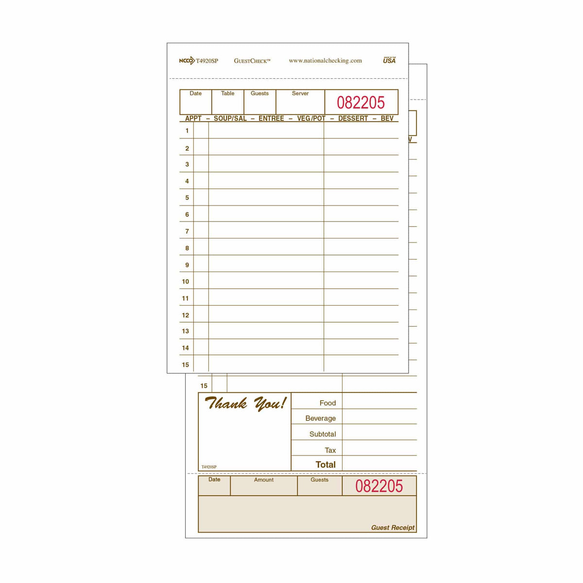 National Checking Duplicate Carbon-Backed Guest Check 4.25" x 8.25" Tan Shrink Pack Large 40 / 50 cs — manufacturer photo