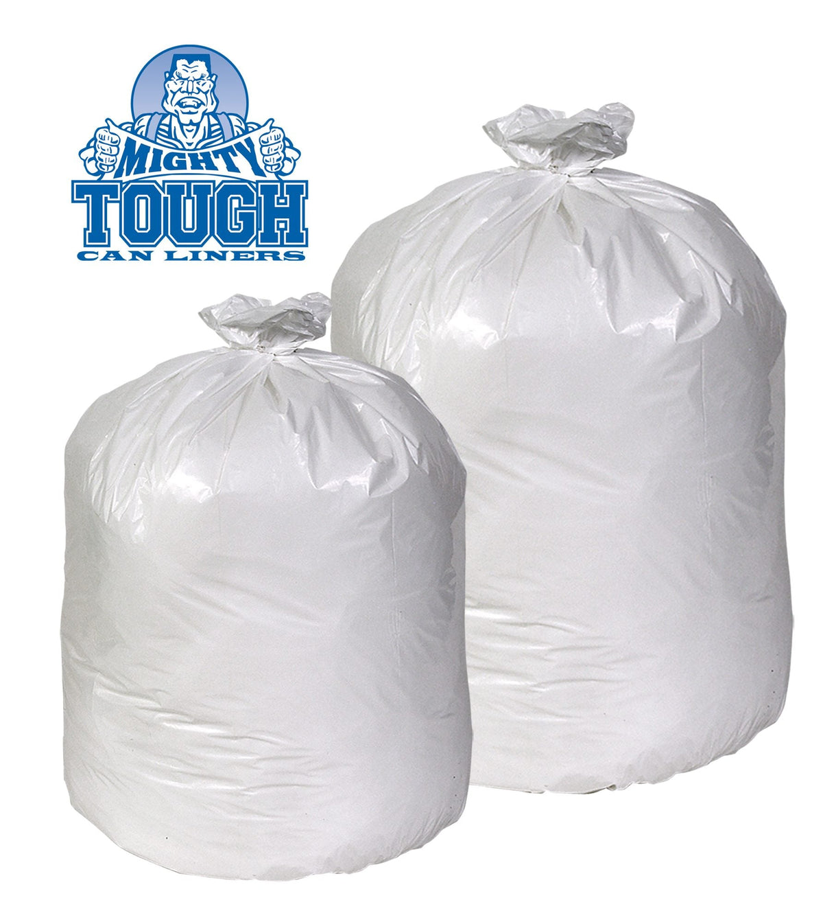 Pitt Plastics 38x58 .75 Mil White Perf Roll Mighty Tough Can Liner 10 / 10 cs — Manufacturer Mighty Tough product-family reference photo. The image illustrates bag appearance; dimensions, thickness and case quantity are specified in this listing. Contents and receptacles shown are not included.