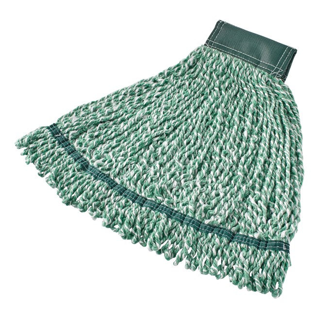 Representative product-type reference photo. The photo shows a green microfiber string mop with a different headband size. Listed item: Rubbermaid Web Foot Microfiber String Wet Mop 20 oz 1 inch Green 6 / cs. The listing's written specifications and quantity apply.