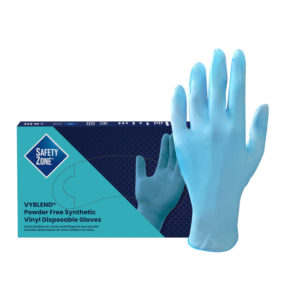 Hospeco VyBlend Vinyl Disposable Gloves Medium, Powder Free, Blue 10 / 100 cs — manufacturer reference photo; confirm listed selling unit