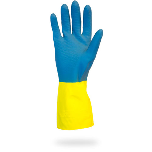 Hospeco Neoprene Flock Lined Latex Gloves Medium Blue Over Yellow , 28 mil 1 / dz — manufacturer reference photo; confirm listed selling unit