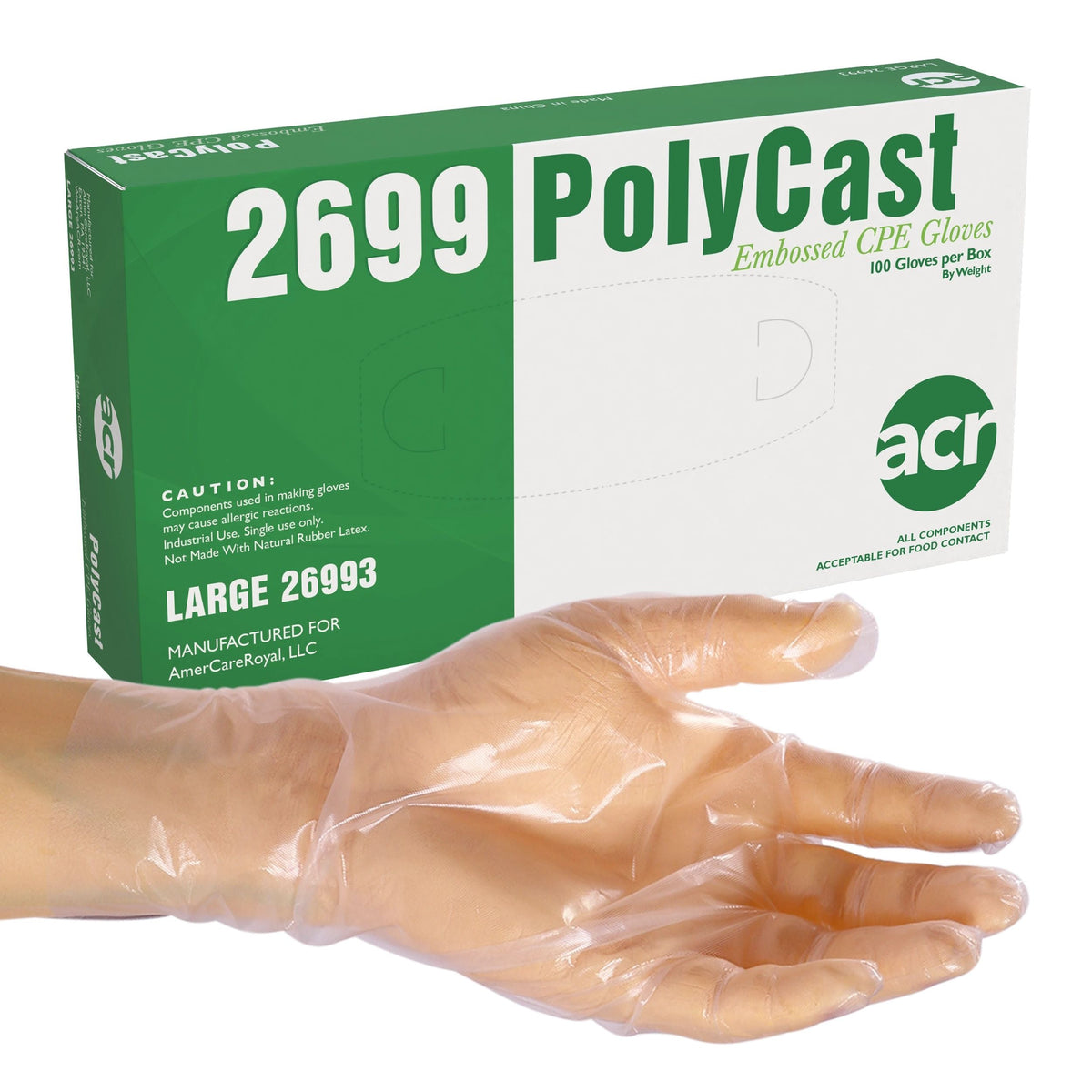 AmerCareRoyal PowderFree Polycast Embossed Gloves Clear Large Cast Polyethylene 10 / 100 cs. Manufacturer item reference photograph; listed selling quantity applies.