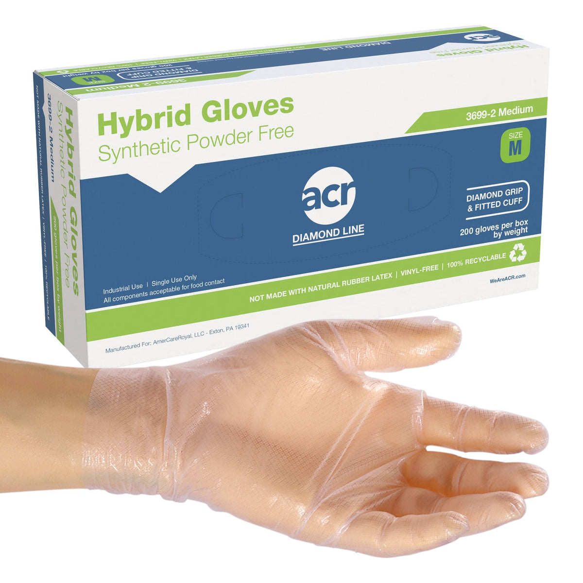 AmerCareRoyal Hybrid Gen. 3.0 Powder-Free Gloves Clear Medium Diamond Grip 5 / 200 cs. Manufacturer item reference photograph; listed selling quantity applies.
