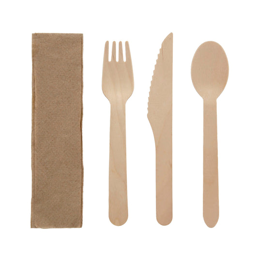 AmerCareRoyal Meal Kit Wood Fork Knife Spoon Kraft Napkin 250 / cs. Manufacturer item reference photograph; listed selling quantity applies.