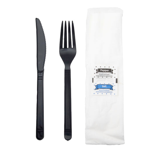 AmerCareRoyal 5-Piece Heavy-Weight Cutlery Kit Black, Polypropylene 1 / 500 cs. Manufacturer item reference photograph; listed selling quantity applies.