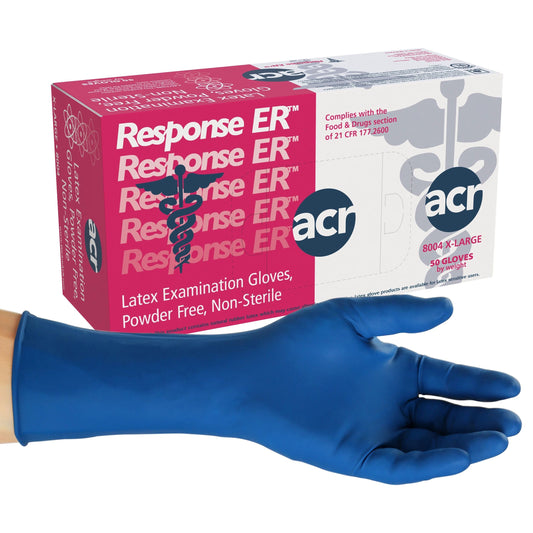 AmerCareRoyal PF Response ER Gloves X-Large, Blue, Latex 10 / 50 cs. Manufacturer item reference photograph; listed selling quantity applies.