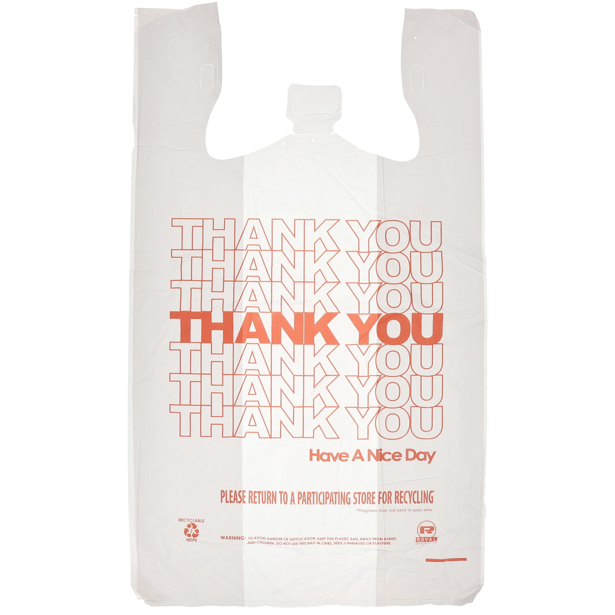 AmerCareRoyal 13" x 8" x 23" HDPE To Go Bag "Thank You" Print, 14 Mic 1000 / cs; manufacturer item reference photograph