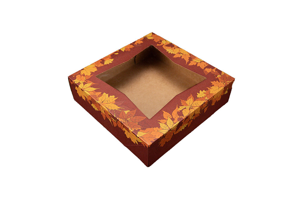 Southern Champion 9" X 9" X 2.5" Bakery Box w/ Window, Autumn Print Paperboard 150 / cs. Manufacturer reference photo.