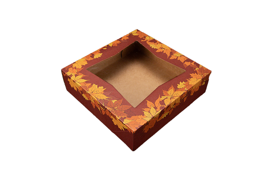 Southern Champion 9" X 9" X 2.5" Bakery Box w/ Window, Autumn Print Paperboard 150 / cs. Manufacturer reference photo.