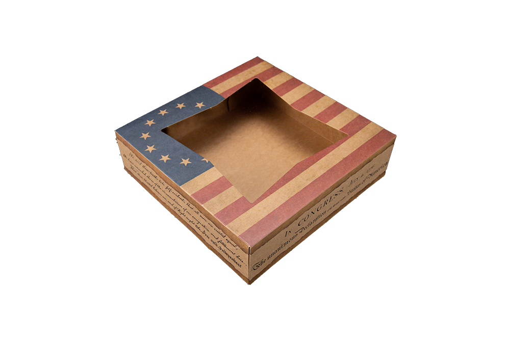 Southern Champion 9" X 9" X 2.5" Window Bakery Box Flag Design 150 / cs. Manufacturer reference photo.