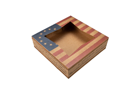Southern Champion 9" X 9" X 2.5" Window Bakery Box Flag Design 150 / cs. Manufacturer reference photo.