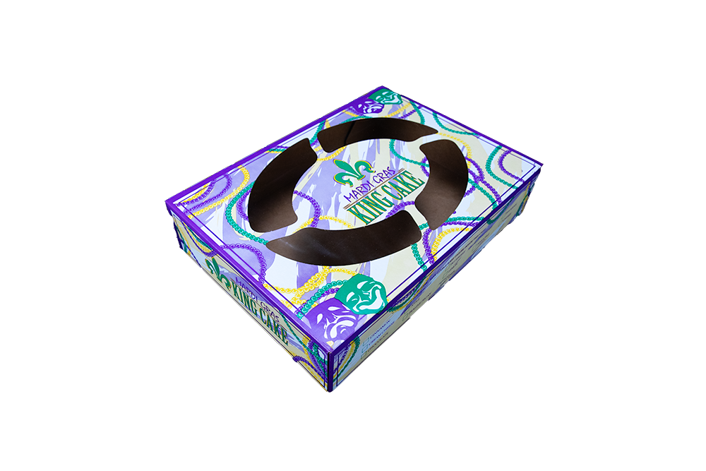 Southern Champion 14" X 10" X 3" Window Bakery Box Mardi Gras Design 100 / cs. Manufacturer reference photo.