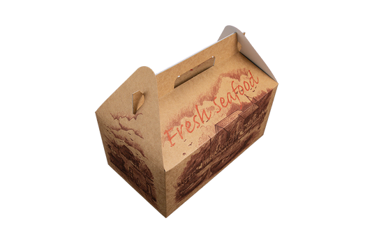 Southern Champion 10.5" X 6" X 5" Carry Out Box Fresh Seafood, Paperboard Barn Style. Manufacturer reference photo.