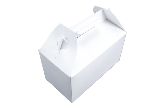 Southern Champion 9.5" X 5" X 5" Carry Out Box White Paperboard Barn Style 125 / cs. Manufacturer reference photo.