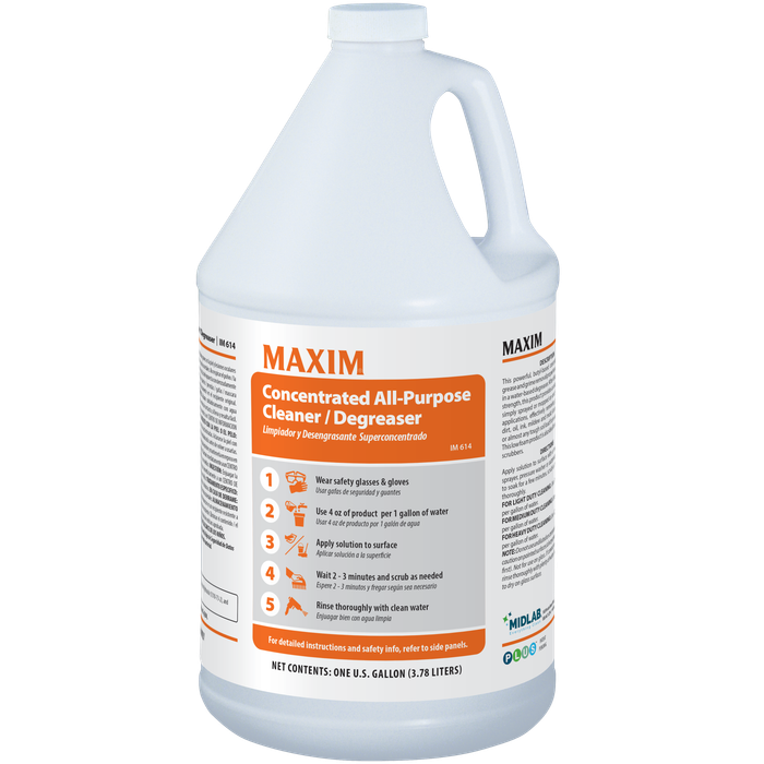 Representative image: Manufacturer Maxim Concentrated All-Purpose Cleaner/Degreaser photo used as a representative image of this product type. The pictured formulation, fragrance, container size and packaging may differ. The product name, specifications and selling quantity stated in this listing apply. The pictured manufacturer's current formulation is described as Mint fragrance.