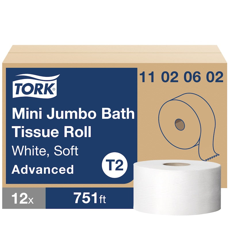Essity Tork Universal Jumbo Bath Tissue White, 3.55" X 1000', 2-Ply, 8.8" 12 / cs — Representative Tork product-type photo. The pictured model, dimensions, color, packaging and quantity may differ; use the specifications in this listing for the supplied product. Accessories and contents shown for context are not included.