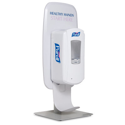 Gojo Purell "Healthy Hands Start Here" Table Top Stand 1 / cs; exact manufacturer SKU photo. Official stand photo shows a mounted dispenser for illustration; dispenser and refills are sold separately.