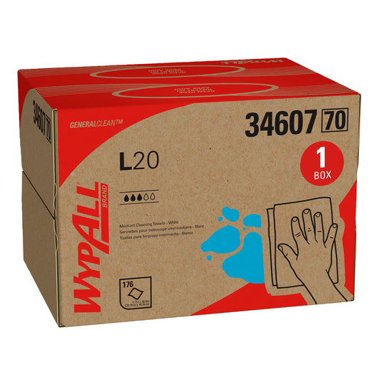 Kimberly Clark WYPAL L20 Wipers White 12.5" x 16.8" BRAG BOX 176 / cs; current official Kimberly-Clark manufacturer photo, code 34607. Branding and packaging may vary. Contents or accessories shown are included only as specified in the listing.