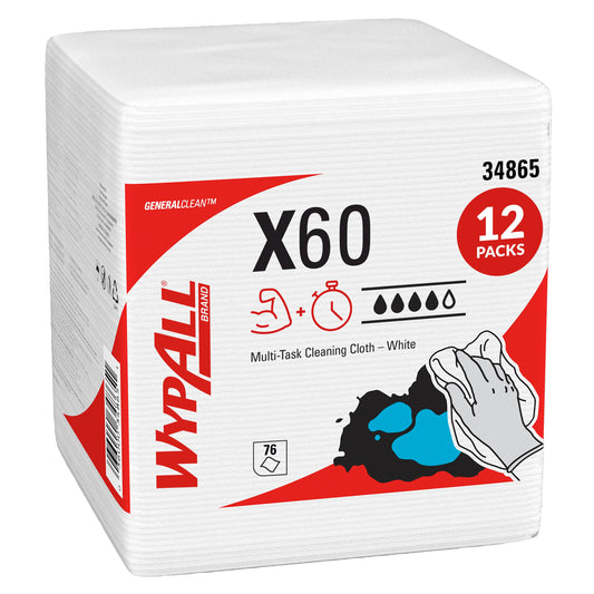 Kimberly Clark WypAll X60 Wipers White 12.5" x 12" 1/4 Fold 12 / 76 cs; current official Kimberly-Clark manufacturer photo, code 34865. Branding and packaging may vary. Contents or accessories shown are included only as specified in the listing.
