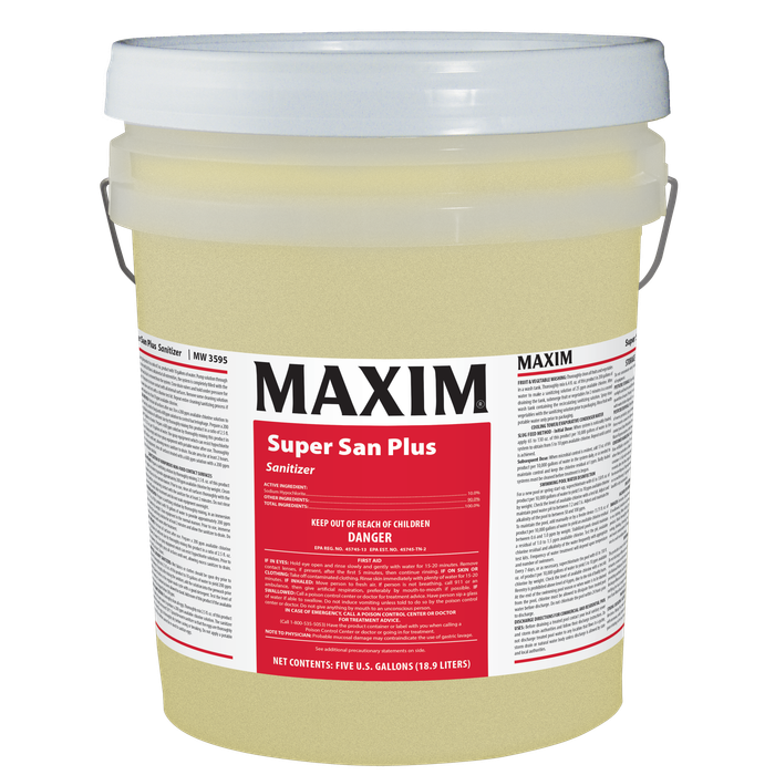 Midlab Inc. Maxim Super San Plus Sanitizer 5 Gallon, Chlorine Scent, MW3595 1 / pl; current official Midlab manufacturer photo matched to this product and container size. Packaging and branding may vary; selling quantity is as specified in the listing.