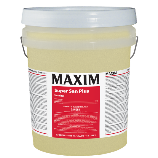 Midlab Inc. Maxim Super San Plus Sanitizer 5 Gallon, Chlorine Scent, MW3595 1 / pl; current official Midlab manufacturer photo matched to this product and container size. Packaging and branding may vary; selling quantity is as specified in the listing.