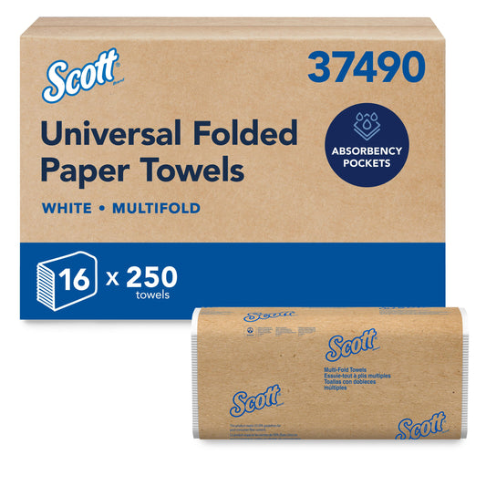 Kimberly Clark Scott Multifold Towel White 8" 16 / 250 cs; supplier product photo matched to manufacturer code 37490. Branding and packaging may vary; selling quantity is as specified in the listing.