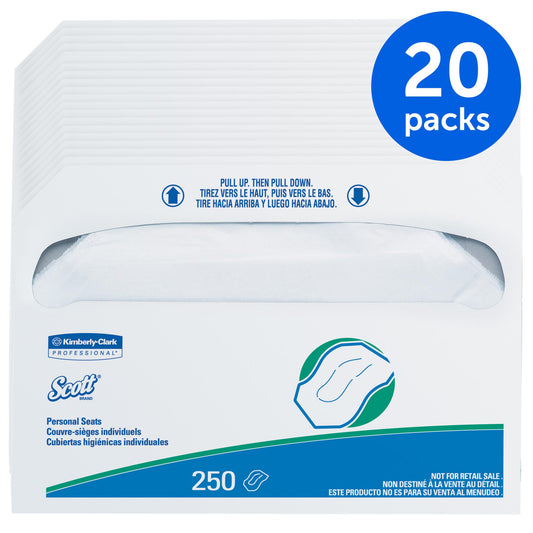 Kimberly Clark Scott Essential Personal Seat Cover White, 14.5" x 17" 20 / 250 cs; current official Kimberly-Clark manufacturer photo, code 39000. Branding and packaging may vary. Contents or accessories shown are included only as specified in the listing.