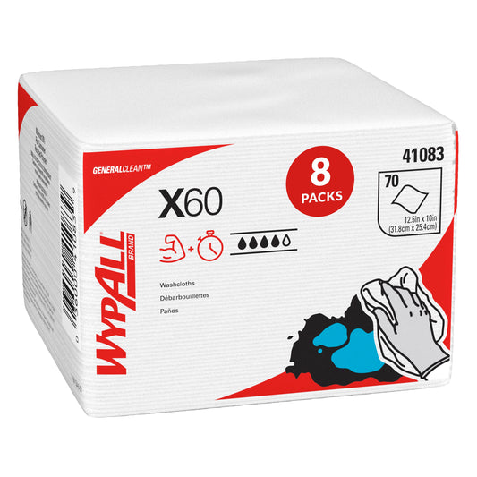 Kimberly Clark WypAll X60 Washcloths White 12.5" x 10" 8 / 70 cs; current official Kimberly-Clark manufacturer photo, code 41083. Branding and packaging may vary. Contents or accessories shown are included only as specified in the listing.
