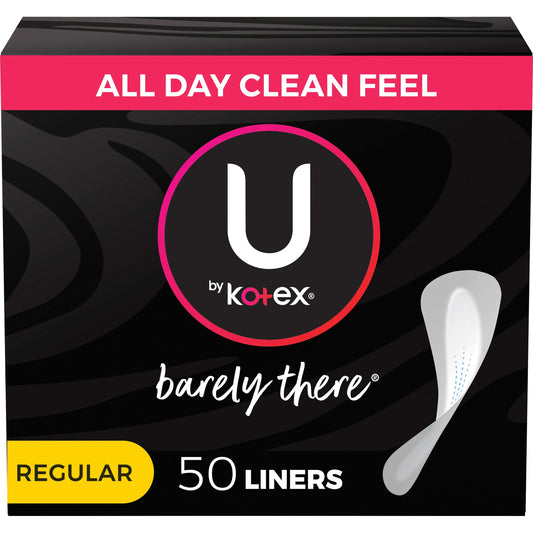 Reference image: Single retail box of 50 U by Kotex Barely There regular liners is pictured; the listed 8-box case quantity applies.