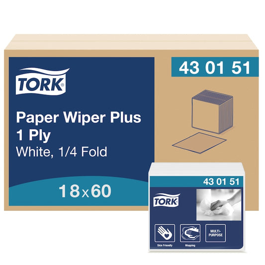 Essity Tork Paper Wiper Plus 1-Ply White 1/4 Fold 12.5" x 13" Refill 18 / 60 cs