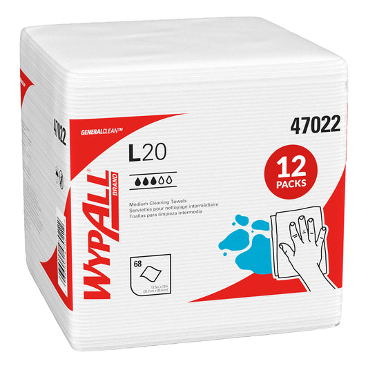 Kimberly Clark WYPALL L20 Wipers White 1/4 Fold 12.5" x 12" 12 / 68 cs; current official Kimberly-Clark manufacturer photo, code 47022. Branding and packaging may vary. Contents or accessories shown are included only as specified in the listing.