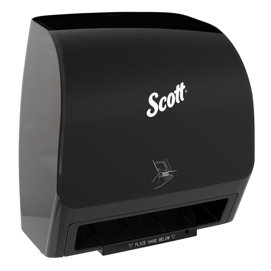 Kimberly Clark Scott Slimroll Towel Dispenser Black , Orange Core , Automatic 1 / cs; current official Kimberly-Clark manufacturer photo, code 47196. Branding and packaging may vary. Contents or accessories shown are included only as specified in the listing.