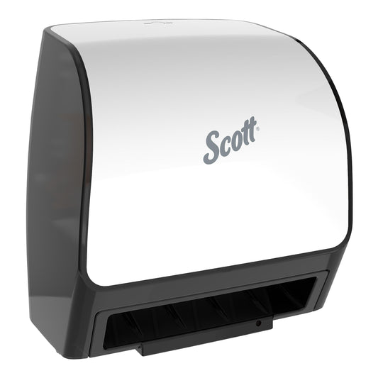 Kimberly Clark Scott Slimroll Towel Dispenser White , Orange Core , Automatic 1 / cs; current official Kimberly-Clark manufacturer photo, code 47259. Branding and packaging may vary. Contents or accessories shown are included only as specified in the listing.