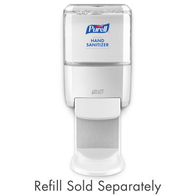 Gojo Tonkawa Purell Hand Sanitizer ES4 Push Style White Dispenser 9 / cs. Standard white ES4 hand sanitizer push-style family reference. Custom casino artwork is not shown. Reference photograph uses a different standard SKU (5020-01), not the custom SKU. Only the named custom listing is offered, in the listed 9-dispenser case quantity. Refill shown is sold separately.