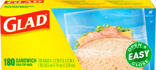 Clorox Glad Food Storage Plastic Bags Fold Top, Sandwich, 180 Count 12 / cs