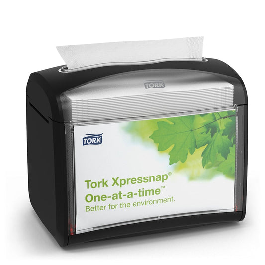 Essity Tork Xpressnap Napkin Dispenser Red , Tabletop , 5.6" x 7.9" x 6.7" 1 / ea — Representative Tork product-type photo. The pictured model, dimensions, color, packaging and quantity may differ; use the specifications in this listing for the supplied product. Accessories and contents shown for context are not included.