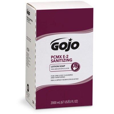 Gojo PCMX E2 Sanitizing Lotion Soap 2000mL Refill 4 / cs; exact manufacturer SKU photo. 