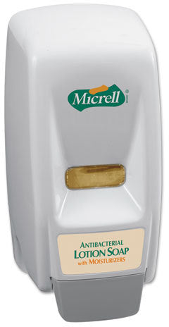 Gojo Micrell 800 Series Soap Dispenser White, 800ml Capacity, Bag-in-Box 1 / ea. Photo shows MICRELL 9721-12 in the manufacturer’s Dove Gray finish, a white/light-gray housing with gray push panel. Refill is sold separately. This listing is for one dispenser.