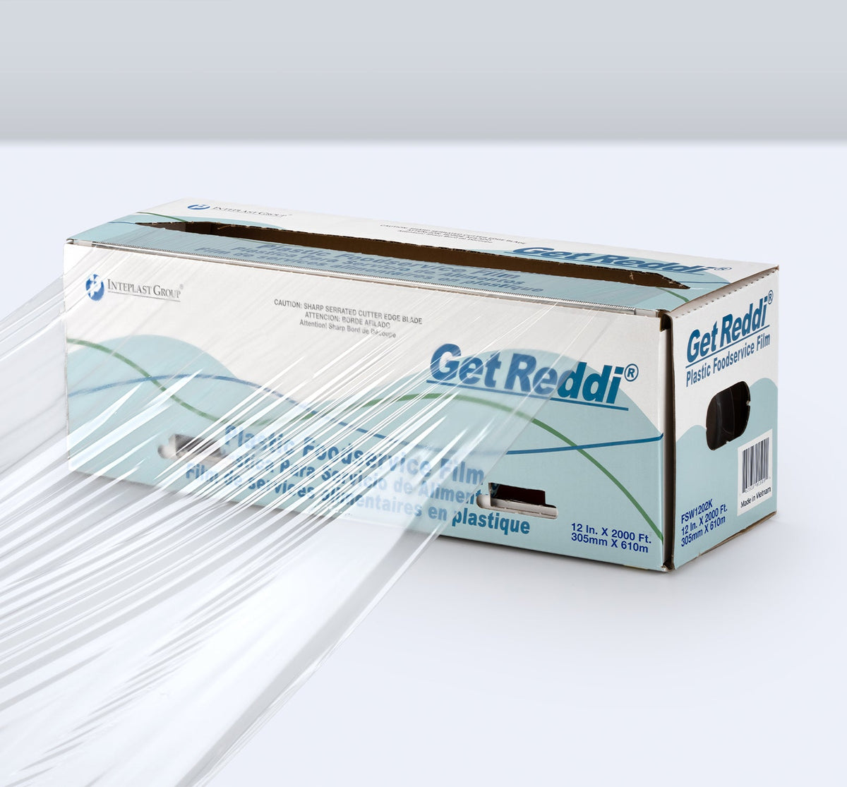 IBS Perfrotated Sheets on Roll 6" x 5" Cling Plastic Wrap 1 / 3000 rl — Representative Inteplast/IBS Get Reddi food-wrap photo. Traditional cutter-box film is pictured; this listing supplies the stated perforated-sheet roll. Pictured size, format, packaging and quantity may differ; refer to the listed specifications.